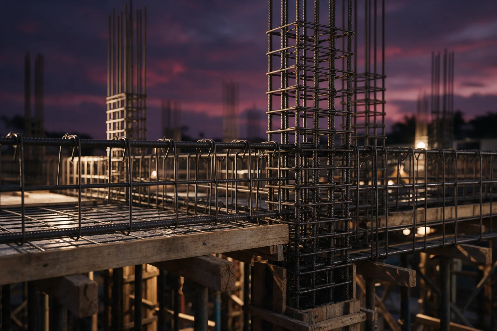 Armação de aço e formas de uma estrutura de concreto em construção ao entardecer