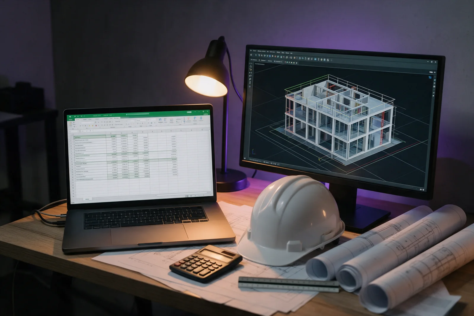 Mesa com notebook de planilha de quantitativos, modelo 3D no monitor e capacete
