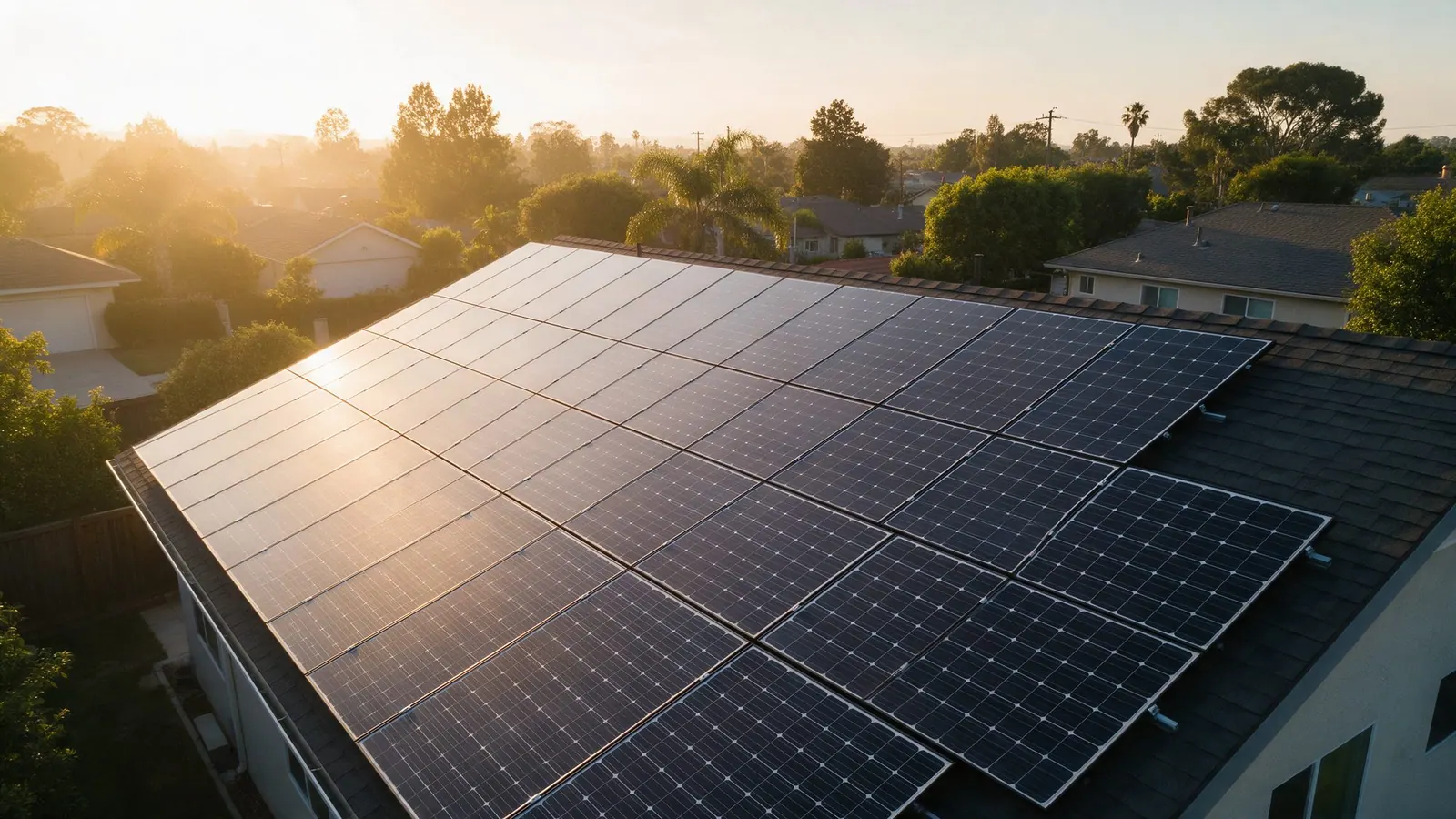 Telhado com painéis solares ao nascer do sol